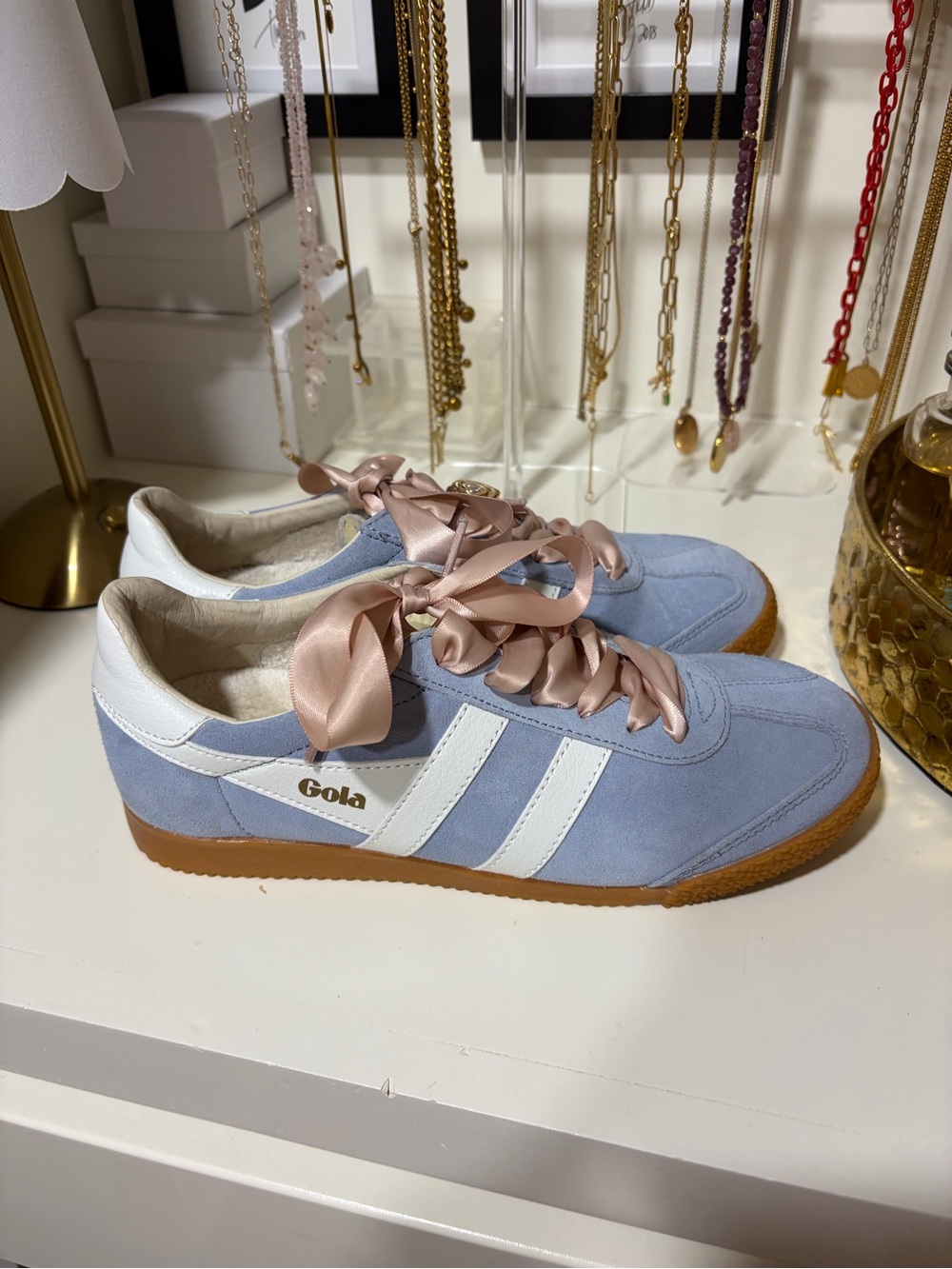 Gola Pale Blue Suede Sneakers with Blush Pink Satin Laces